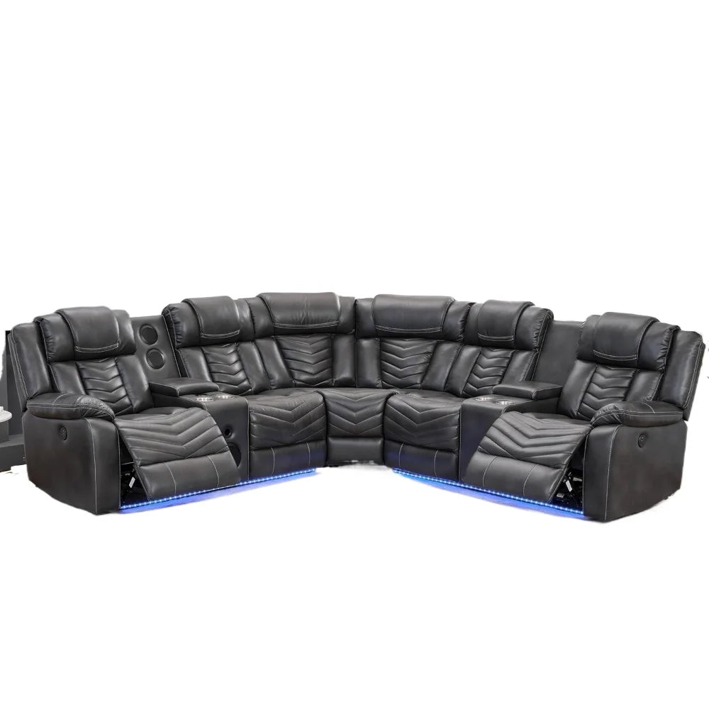 recliner，Power Reclining Sectional Couch with Bass Speaker Recliner Reclining Sectional Sofa with LED Light Faux Leather - HOMELIVING