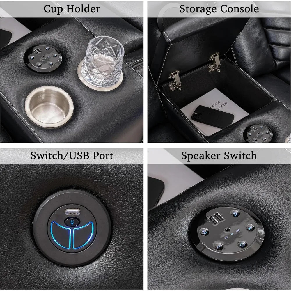recliner，Power Reclining Sectional Couch with Bass Speaker Recliner Reclining Sectional Sofa with LED Light Faux Leather - HOMELIVING