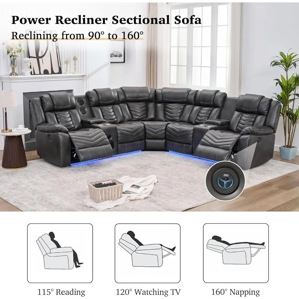 recliner，Power Reclining Sectional Couch with Bass Speaker Recliner Reclining Sectional Sofa with LED Light Faux Leather - HOMELIVING