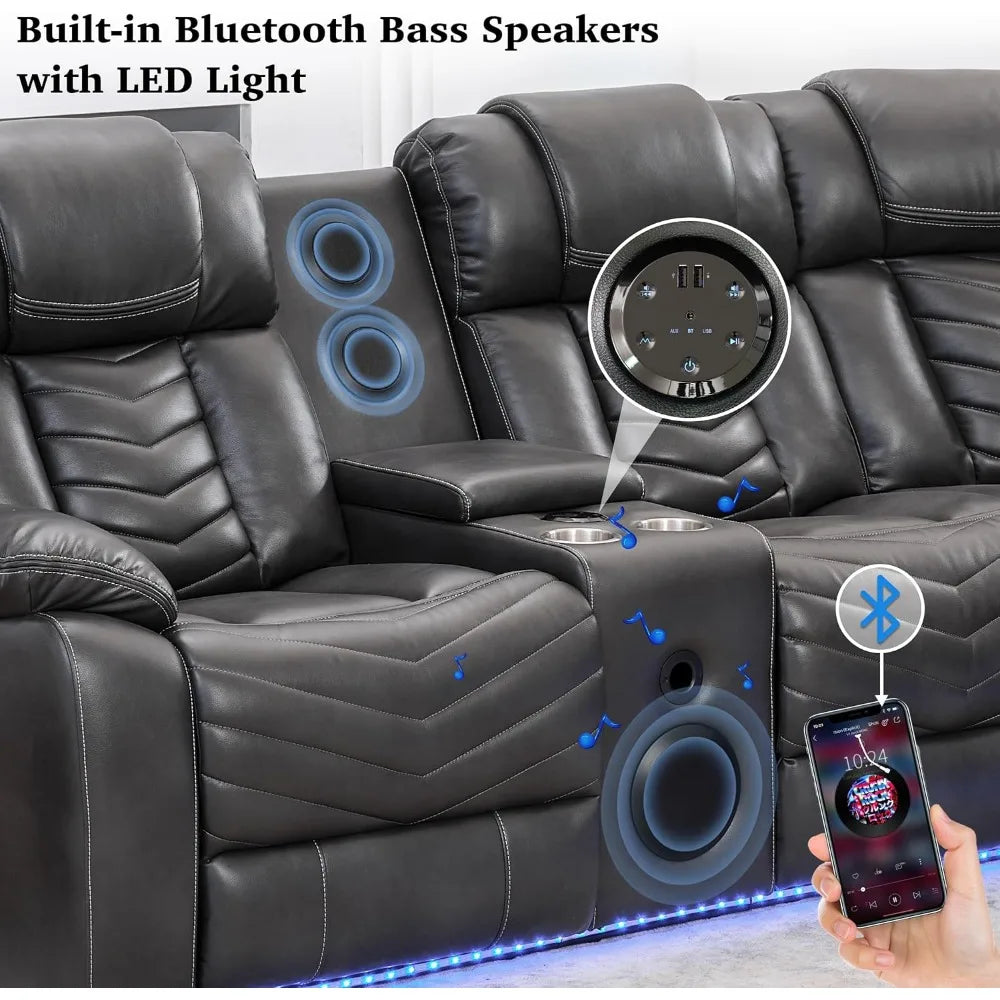 recliner，Power Reclining Sectional Couch with Bass Speaker Recliner Reclining Sectional Sofa with LED Light Faux Leather - HOMELIVING