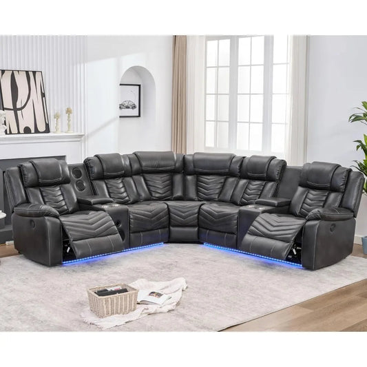 recliner，Power Reclining Sectional Couch with Bass Speaker Recliner Reclining Sectional Sofa with LED Light Faux Leather - HOMELIVING
