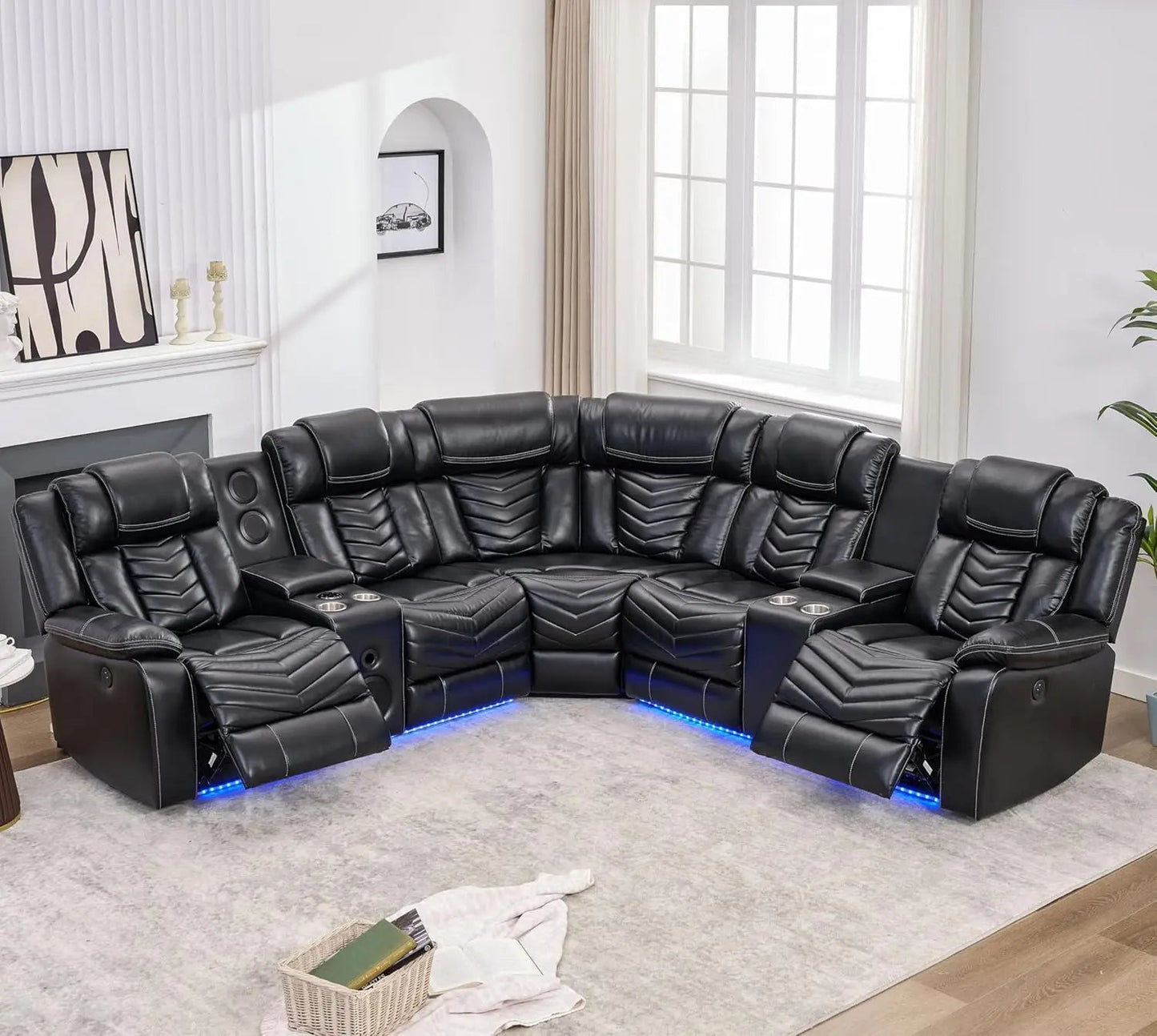 recliner，Power Reclining Sectional Couch with Bass Speaker Recliner Reclining Sectional Sofa with LED Light Faux Leather - HOMELIVING