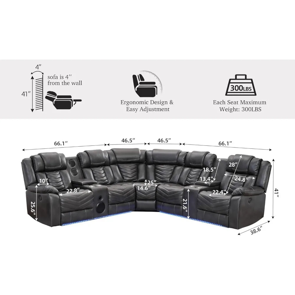 recliner，Power Reclining Sectional Couch with Bass Speaker Recliner Reclining Sectional Sofa with LED Light Faux Leather - HOMELIVING