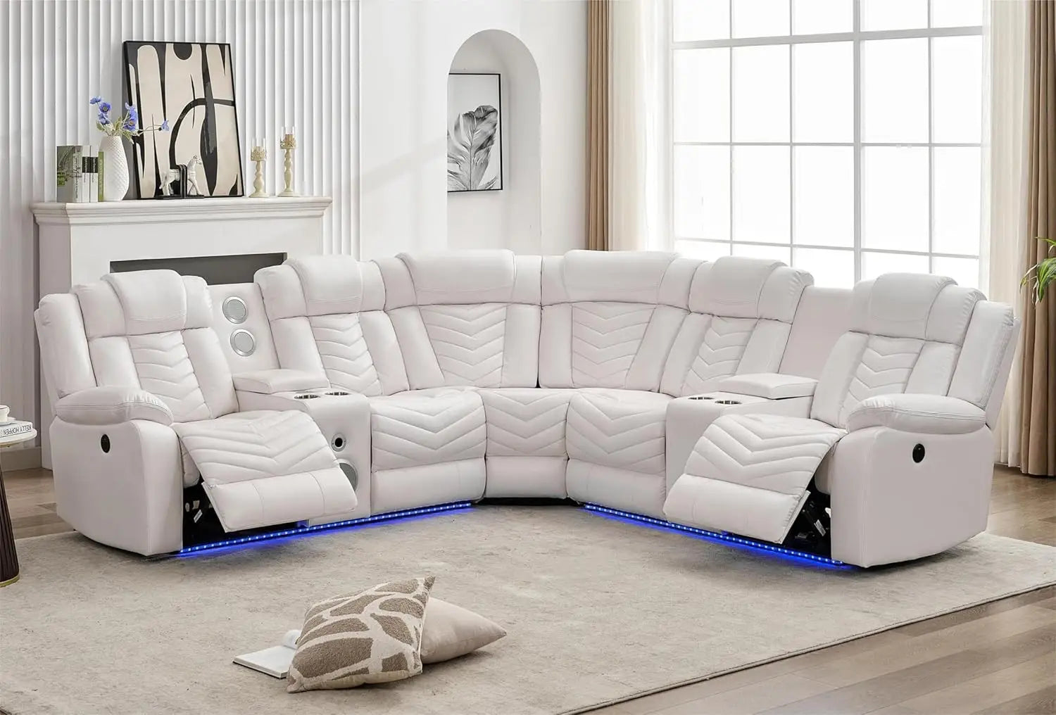 recliner，Power Reclining Sectional Couch with Bass Speaker Recliner Reclining Sectional Sofa with LED Light Faux Leather - HOMELIVING